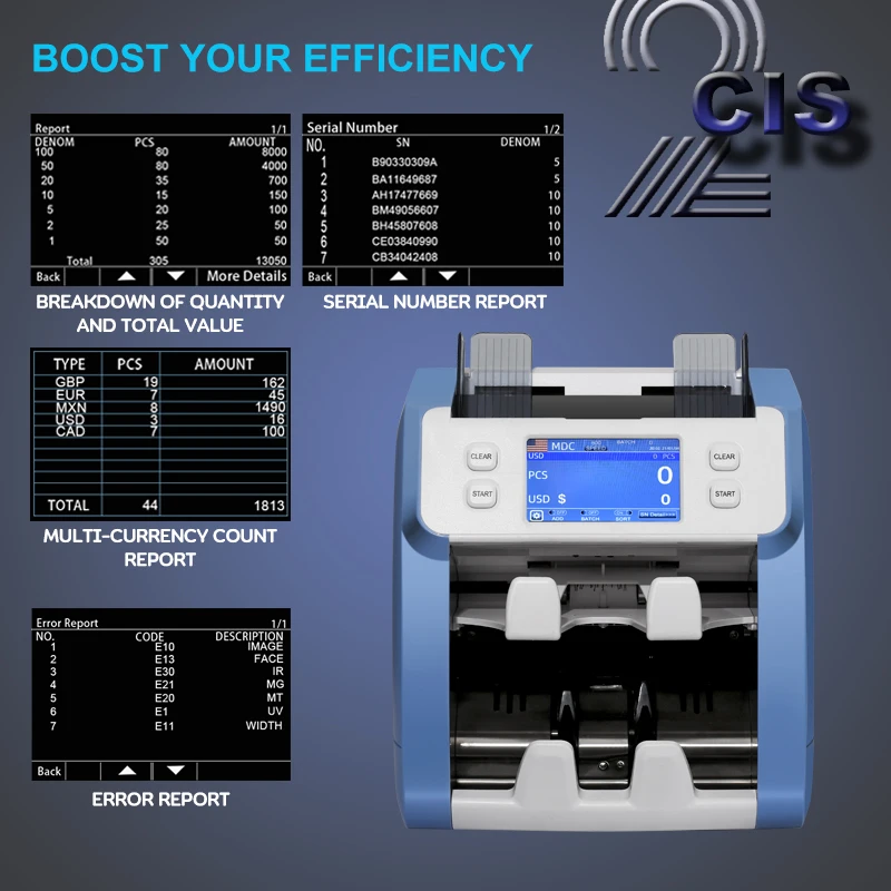 Two Pockets Cis Banknote Cash Value Counter Touch Screen Currency Counting Machine Cash Bill Counter