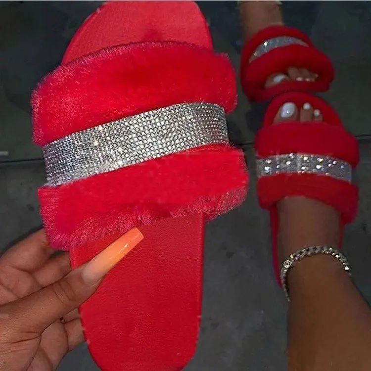 Zapatillas Deslizantes De Piel Con Diamantes De Imitación Para Mujer,Sandalias  Planas Con Pelo,Zapatillas De Invierno Para Dormitorio,Proveedor De Zapatos  - Buy Diamantes De Imitación De Piel De Las Mujeres Diapositivas Zapatillas  Proveedor,De