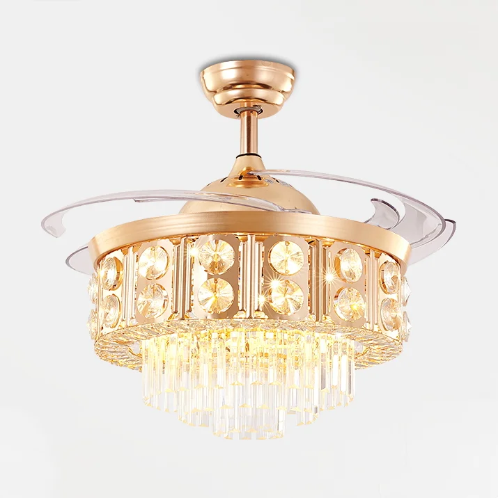 LED invisible modern crystal ceiling fan with light fixtures fan chandelier dining room decoration fan lighting