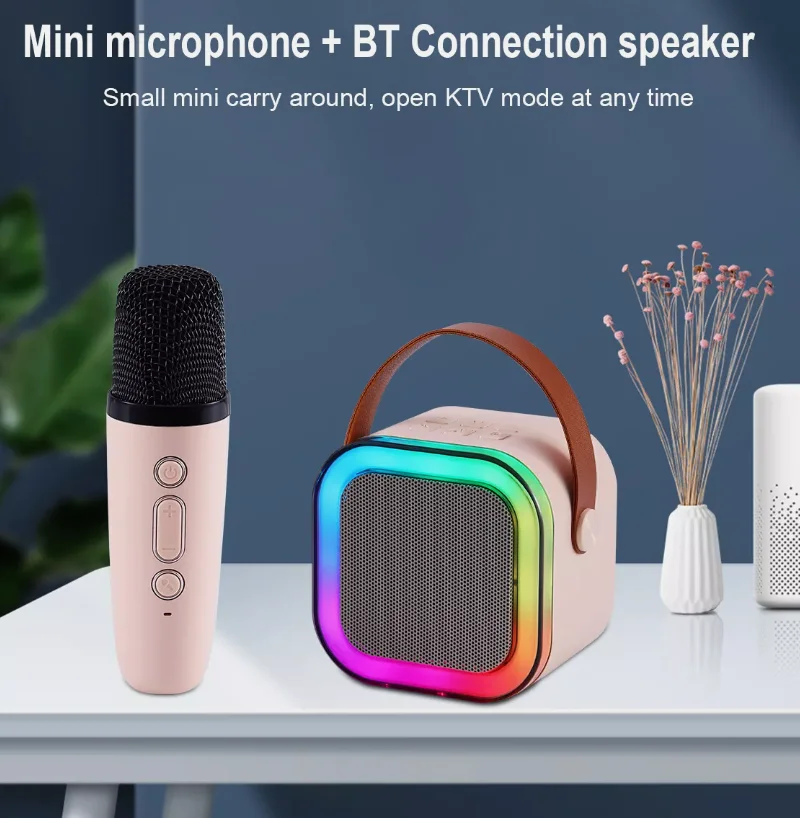 Mini Karaoke Machine Portable Wireless Bluetooth Speaker with Dual Microphones with color lights for Kids Adults