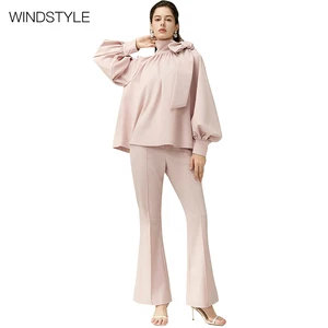 OEM/ODM Over Sized Ribbon Jewel Top + High Waist Flared Pants Set Loose Fit Casual for Summer Stand Slit Long 2-Piece Set