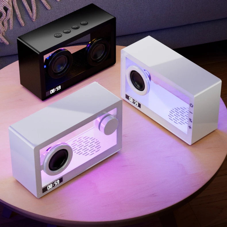 Factory Directly Supply DC5V 800mAh Classic Model Transparent Wireless Bluetooth Speaker with LED clock Display TF Card Playback