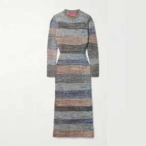 Clothing Manufacturer Custom Crew Neck Long Sleeve Elegant Casual Rib Knit Striped Women Cashmere Sweater Midi Dress