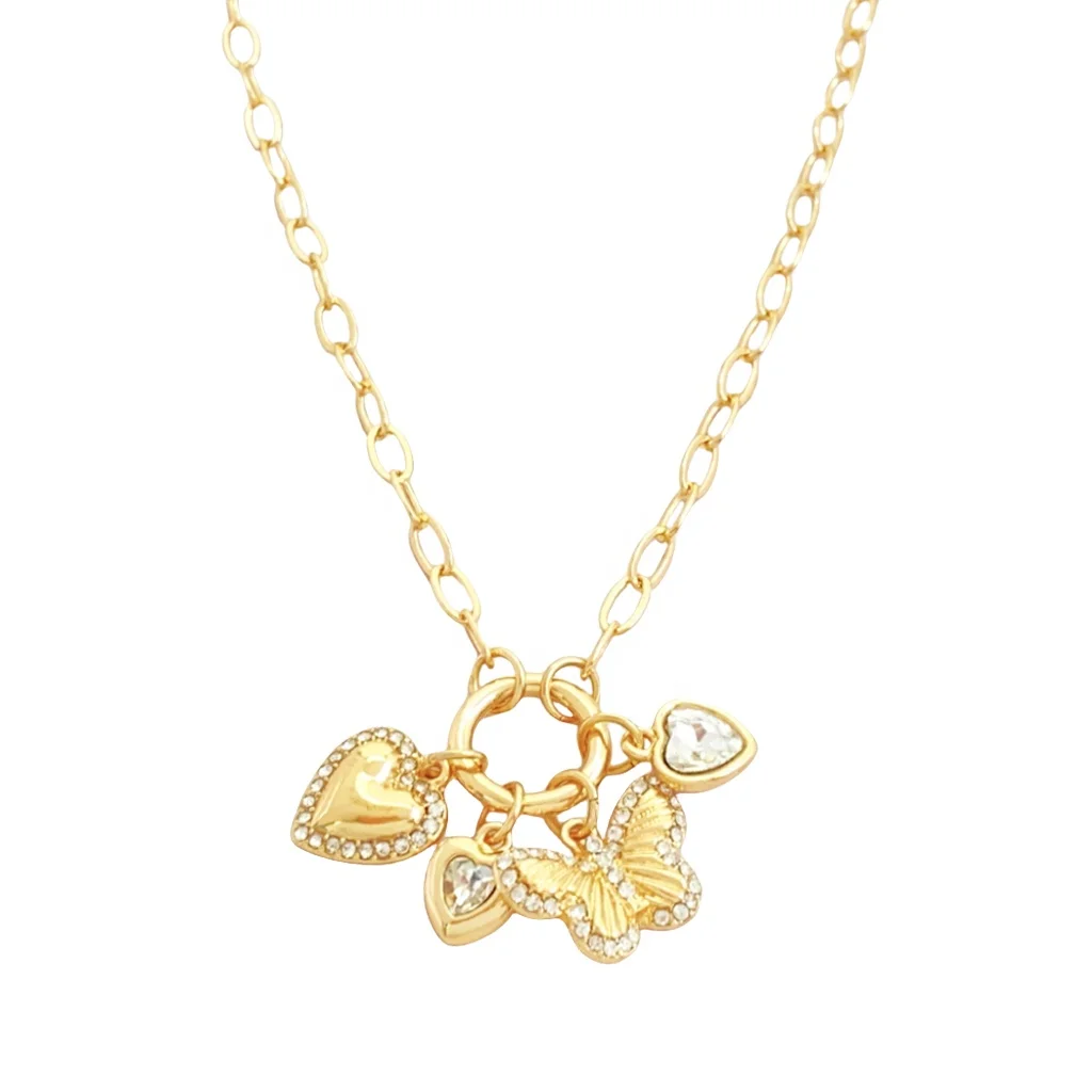 Hot Sale Rhinestone Jewelry  Gold Link Chain Crystal Heart butterfly Pendant Necklace Trending Jewelry