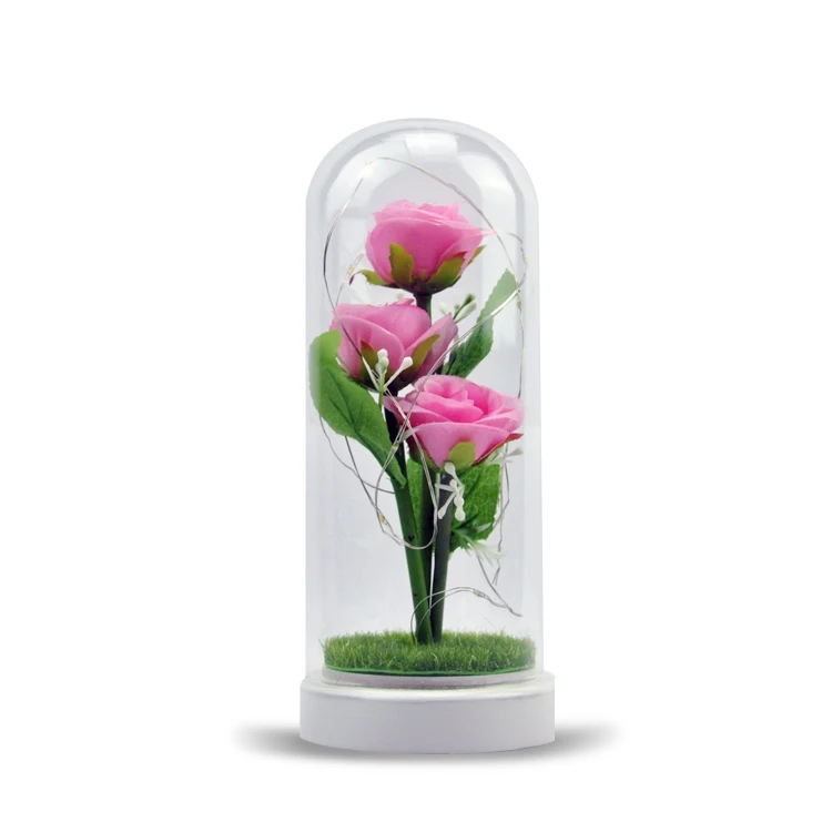 Battery operated led lights up clear glass pink rose dome flower with wood base