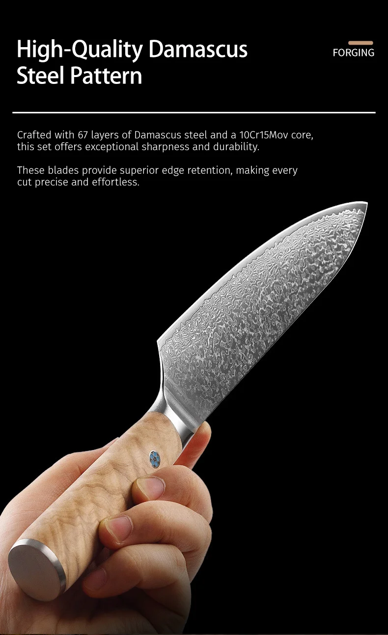 JJ 7 PCs Set 67 Layers Damascus 10Cr15Mov Core Steel Kitchen Knife Set with Olive Wood Handle Custom Stainless Steel Knife Set