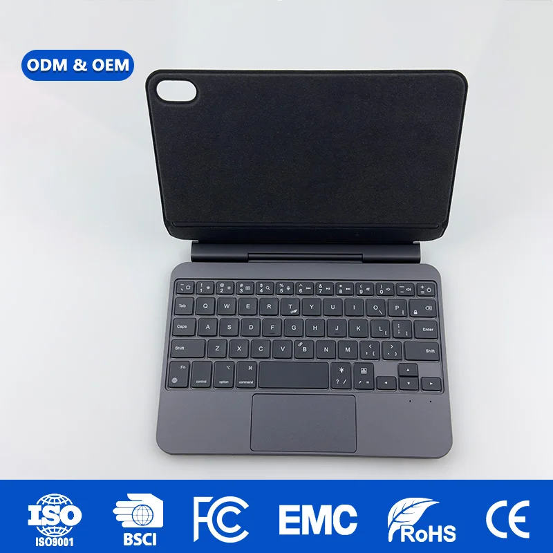 Funda teclado magnética Laudtec para iPad Mini 6/7 con soporte articulado de sujeción firme; personalización OEM/ODM disponible; certificada CE/FCC/RoHS