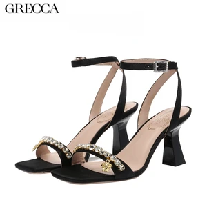 GRECCA Elegant Evening and Party Sandals with Square-toe Rhinestone Buckle Detailing Lace-Up Closure and Chunky Heel