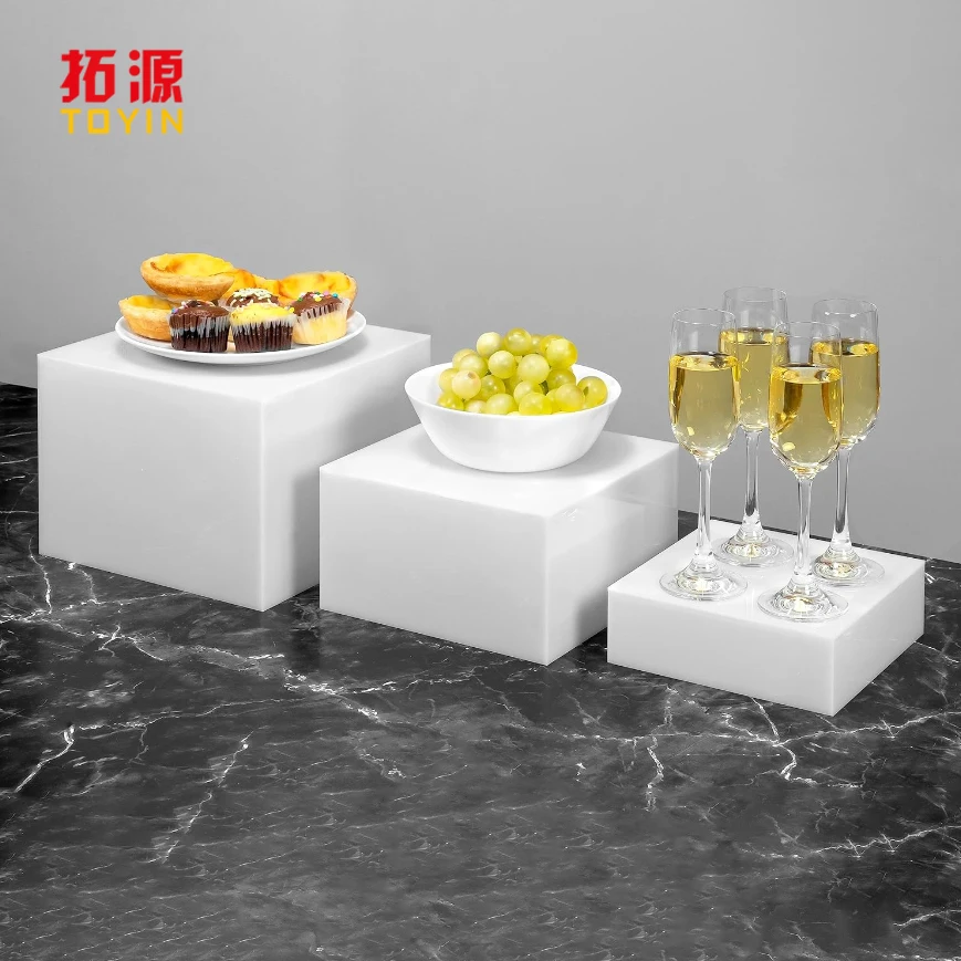 White Buffet Acrylic Table Riser Cube Display Risers Lucite Square Food ...