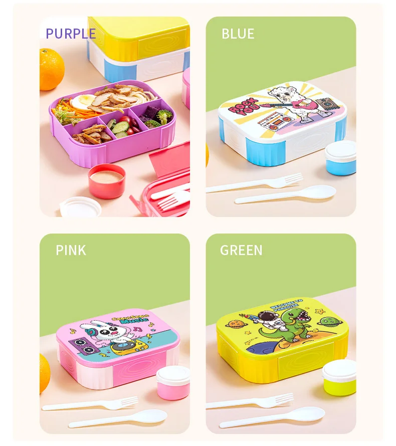 FDA LFGB CE CPC cartoon student kids 4 compartments leakproof plastic food grade lunch box with sauce box and cutlery 1200ml