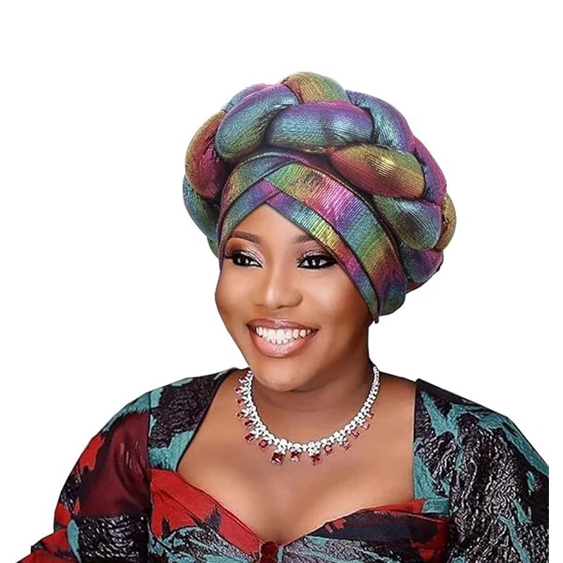 Оптовая продажа комплект из 2 предметов с логотипом Африканский металлизированный тюрбан плетеная шапка головной убор эластичные тюрбаны для женщин