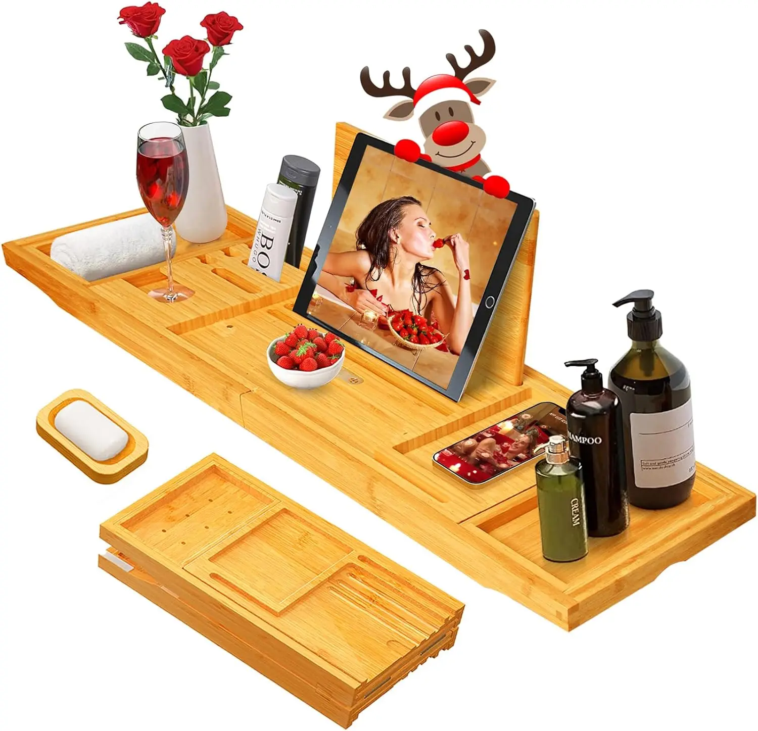 Premium Bamboo Bathtub Caddy Tray Expandable Foldable Bath Tray with Anti-Slip Grips Soap Wine Phone
