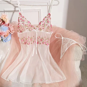 Floral See Through Sexy Slip Dress Mesh Cute Girls Sexy Nightwear Sleep Nightdress Lingerie Dress Set