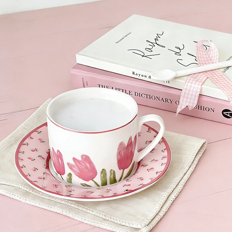 Set personnalisé de tasse à café et soucoupe en céramique rose à motif de tulipes, avec impression de décalcomanie, destiné à la vente en gros et aux entreprises