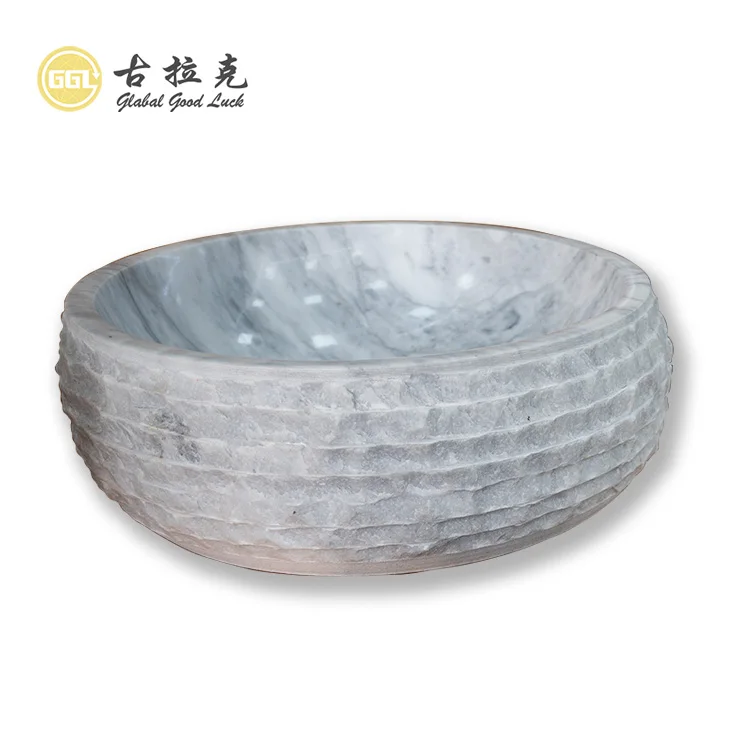 Nature Marble Stone One Hole Bathroom Sinks Surface Polish Round Carved Marble Basin Sink factory