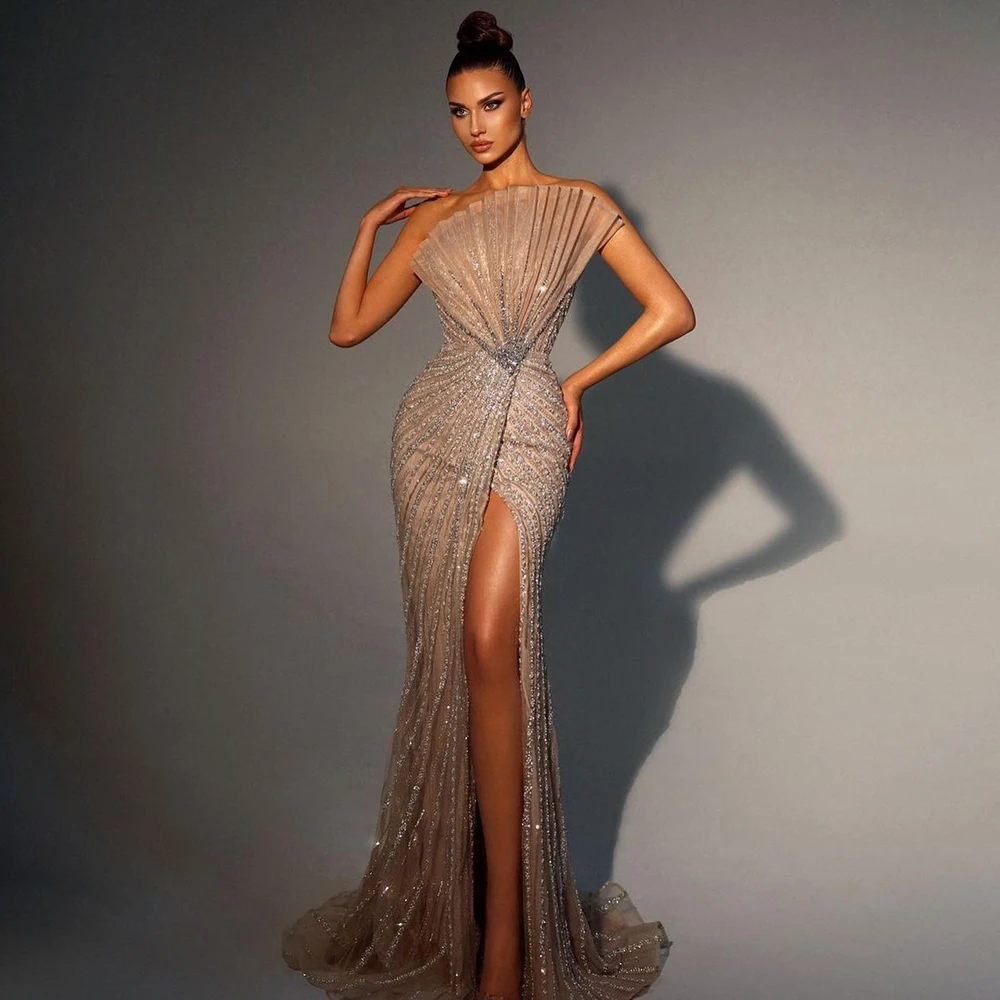 Caramel Strapless Mermaid High Split Sexy Evening Dresses Serene Hill La72049 Beaded Events 8291