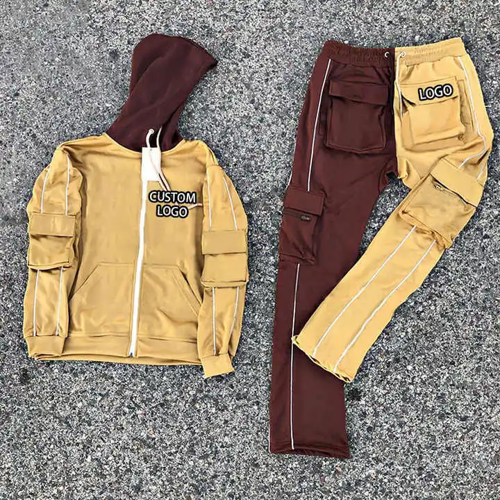 Custom Sweat Suits Unisex Two Tone 100% Cotton Sweatpants and Hoodie Set Oversized Cargo Embroidery Stacked Cargo Tracksuit Set gallery 12