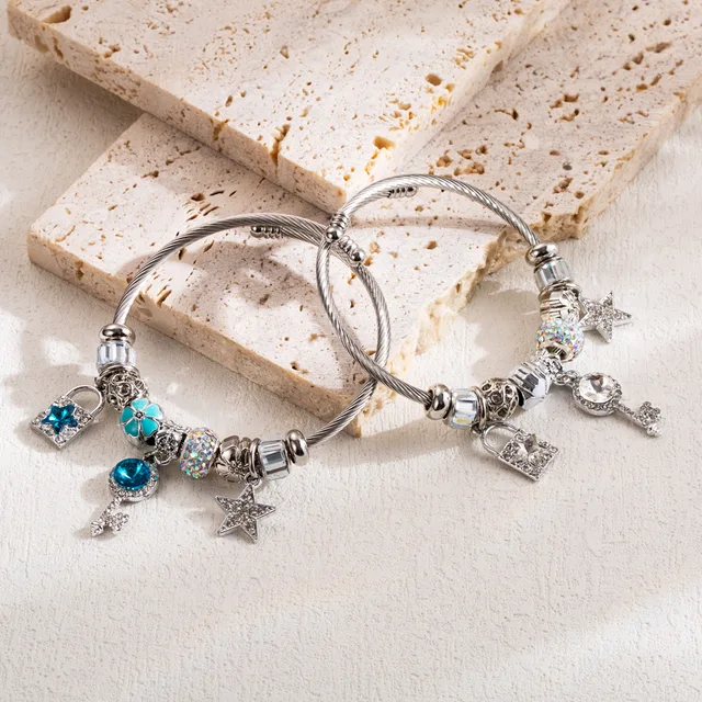 Hot silver plated stainless steel white blue crystal lock and key charm bracelet adjustable pendant bangle bracelet for women