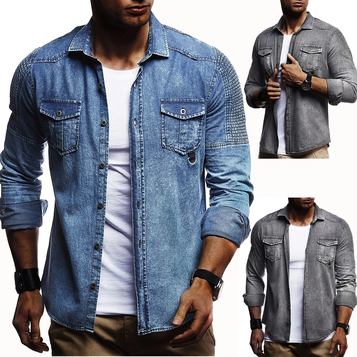 Mens Denim Shirts Western Long Sleeve Button Down Cotton Casual Work Jean Shirt gallery 2