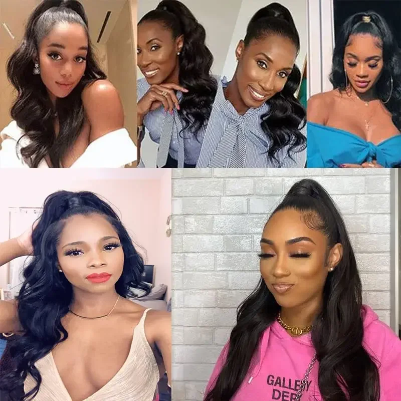 Human Hair Body Wave Drawstring Ponytail Extension Natural Black_voghion.com