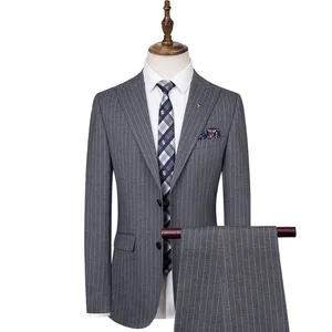 Men's Elegant Grey Striped Dress Suit Tailored Groomsman Blazer with Hip Lapel Collar Double Slit Single Breasted Closure Design