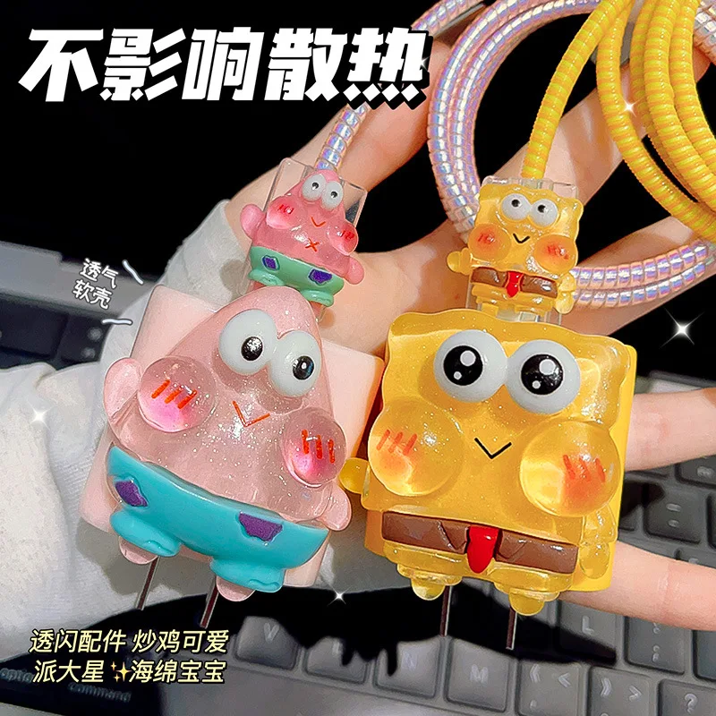 SpongeBob Usb Charger Case Protector for Apple 18W/20W Mobile Phone Accessories Winder Spiral Cable Protector Shell for IPhone