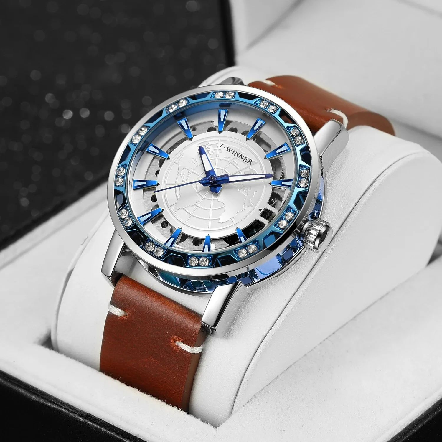 WINNER Mechanical Watch for Men Business Classic Diamond Watches Luxury Genuine Leather Strap Waterproof Golden Wristwatches