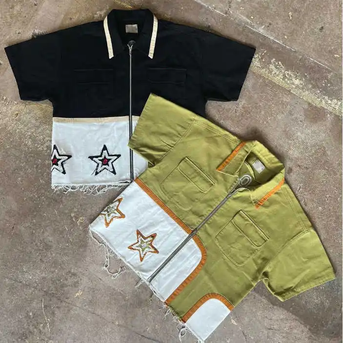 Salati Manufacturer Custom Distressed Embroidered Short Sleeve Patchwork Canvas Zip up Boxy Cut Edge Polo Work Shirts Men