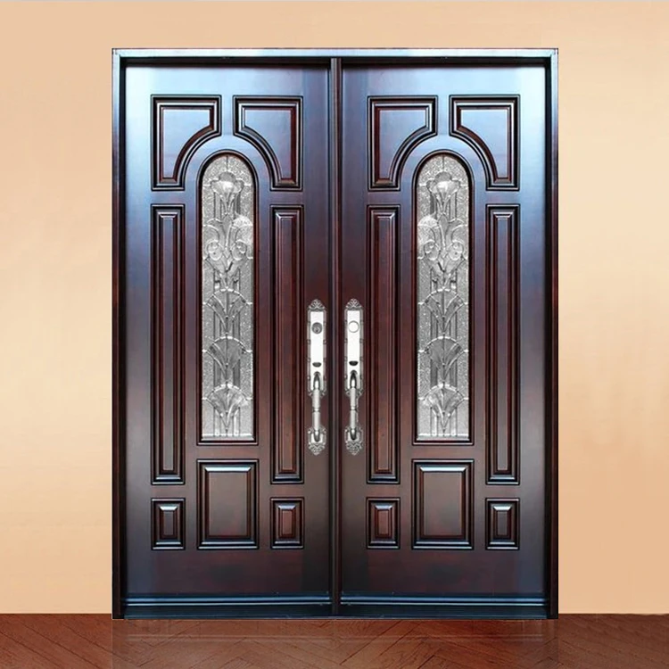 Outside Front Entry Mahogany Color Double Solid Wooden Main Entrance Gate Door Designs for House Villa Home Exterior