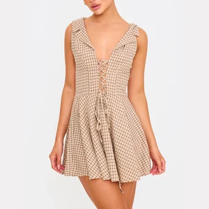 Oem Wholesale Plaid Sleeveless Women's Dresses Custom Lace up v Neck Women Casual Dress Summer A-line Mini Shift Dress