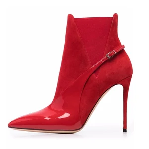 Women Pointed Toe Red Patent Leather Stiletto High Heel Slip on Short Boots for Ladies Ankle Booties