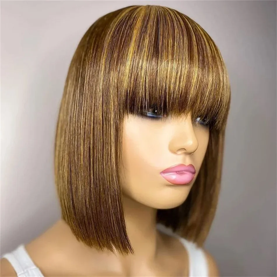 Highlight Brown Bone Straight Human Hair Bob Wig With Bangs_voghion.com