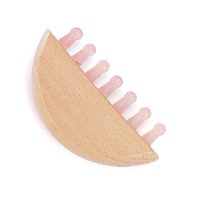 Custom Private Label Scalp Gua Sha Comb Wooden Handle Head Massager with Natural Stone Teeth for Massaging the Scalp