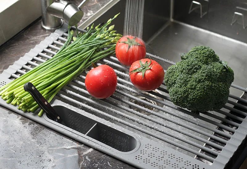 roll up foldable collapsible silicone dish drying racks over the sink kitchen