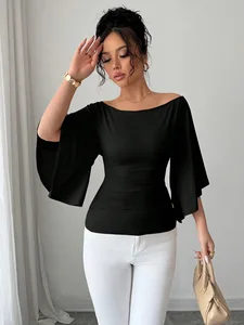 New Women's Knitted Top From Clothing Manufacturer - Elegant Black One-Shoulder Flared Three-Quarter Sleeve T-shirt for Women