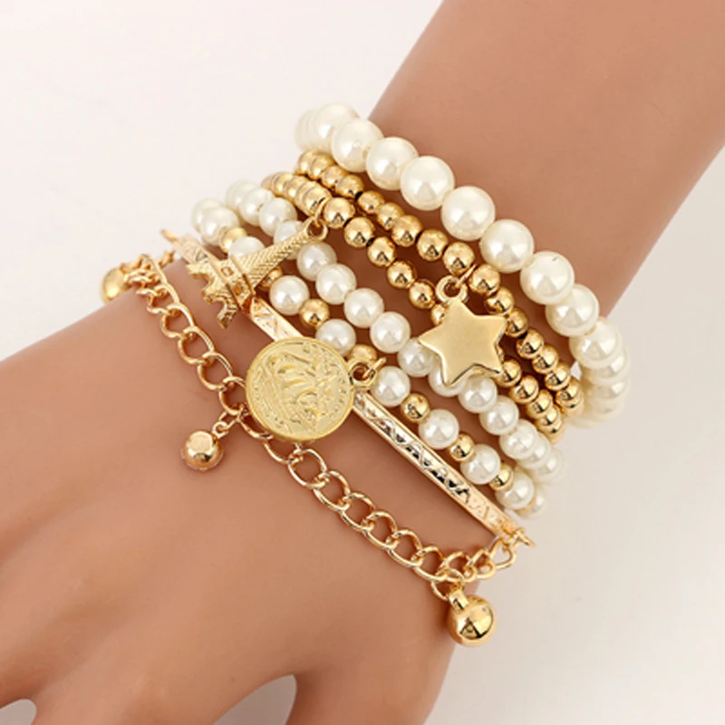 6 Pcs/set Eiffel Tower Pearl Retro Bracelet Punk Coin Pearl