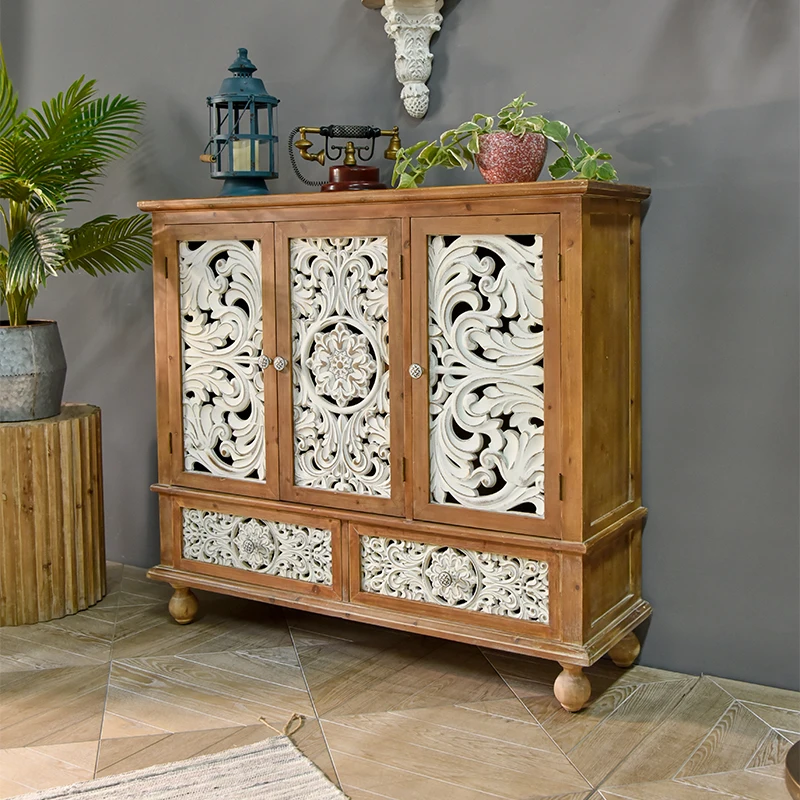 INNOVA Rustic White 3 Doors 2 Drawers Dinning Room Corner Sideboard Accent Wood Carved Storage Cabinets for Living Room