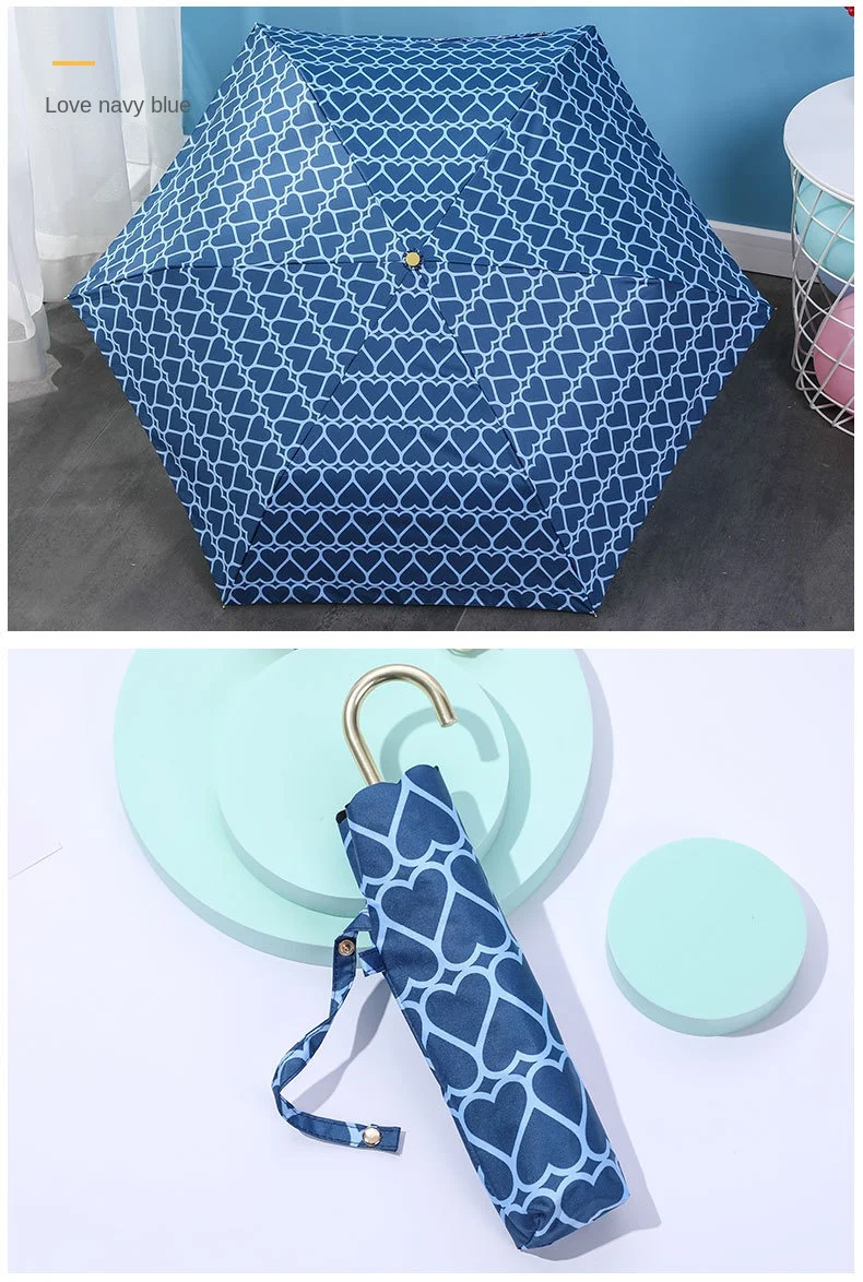 Printing 6k Three Folding Pocket Rain Ladies Sun Umbrellas Semi-Automatic J Shape Handle Umbrella