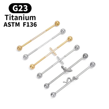 G23 Titanium Earring 14G Industrial Barbell Crystals Zircon Cross Piercing Body Jewelry Cartilage Threaded Earring 38mm