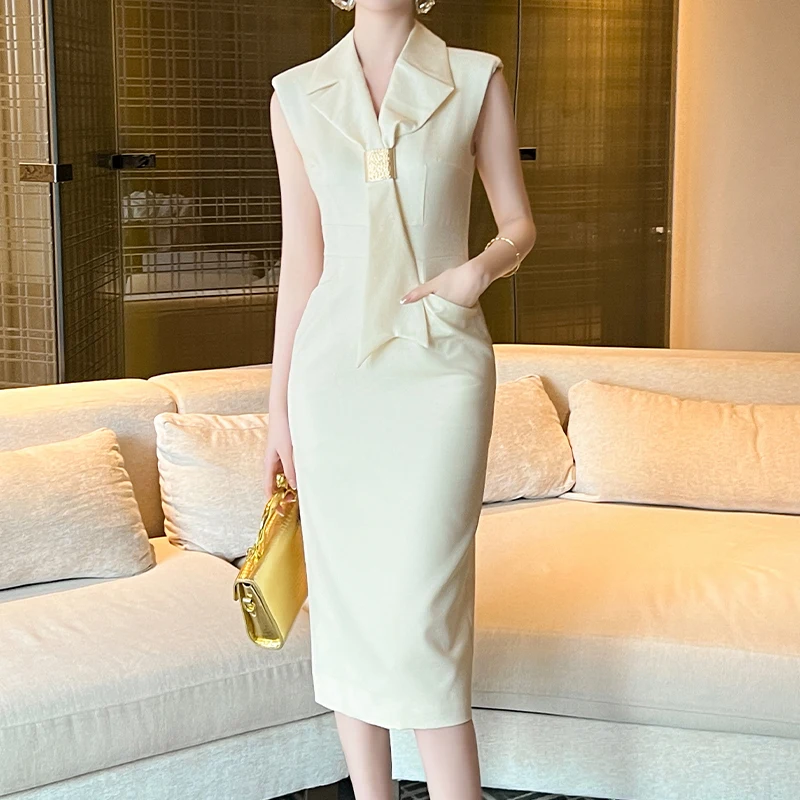 ZYHT 50886 Formal Work Business Plus Size Sleeveless Blazer Casual Dresses Pink Womens Office Lady Woman Dresses for Fat Women