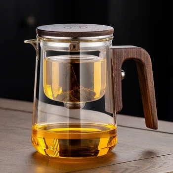 All-Glass Tea Maker Walnut Handle Heat-Resistant Filter for Tea Separation Portable Magnetic Bubble Adsorption Transparent