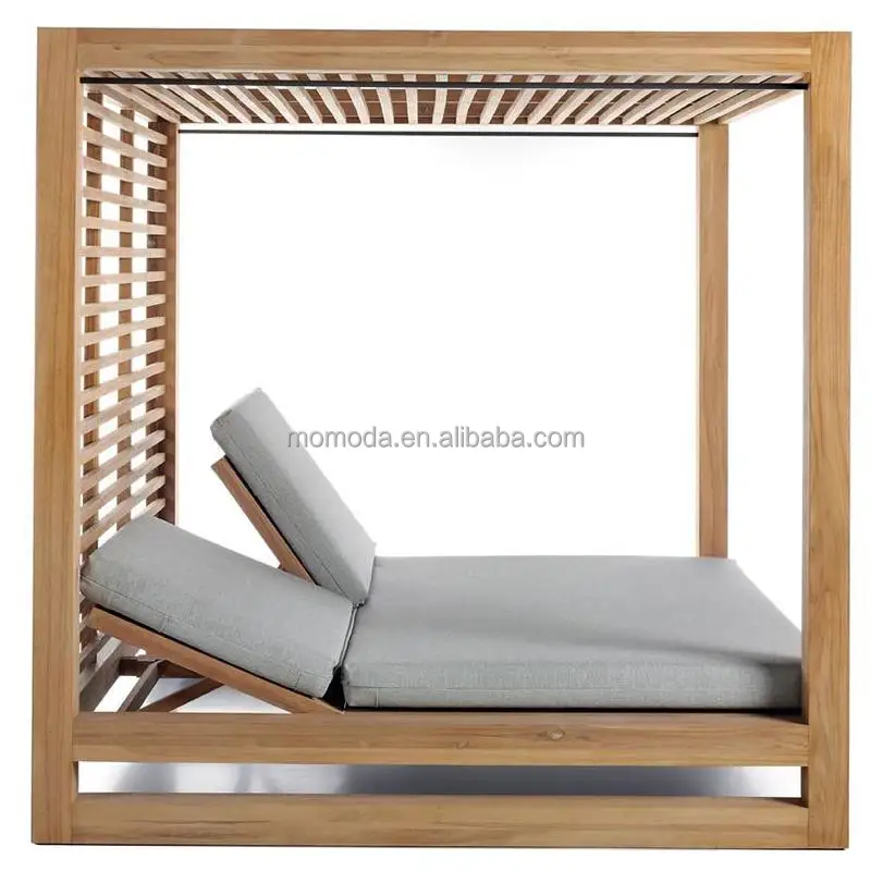 Luxury Modern Style Poolside square Chaise Sunbed Canopy Outdoor Teak Wood Daybed With Curtains