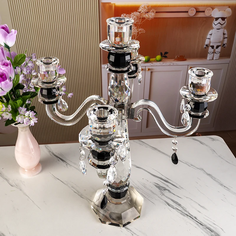 Small Bridge, porte-bougie élégant et luxueux en verre cinq bras, modèle haut, décoration centrale pour mariage, porte-bougie en cristal