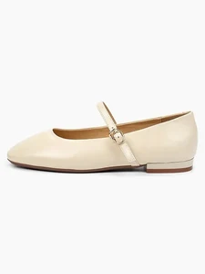 Women Beige Leather Mary Jane Flats Gold Buckle Accent Low Block Heel Luxury Classic Vintage Comfort School Office Wholesale
