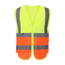Custom High Visibility Men's Workwear ANSI Class 2 Safety Reflective Vest 4 Pockets Polyester Mesh X-Back for Mining Security