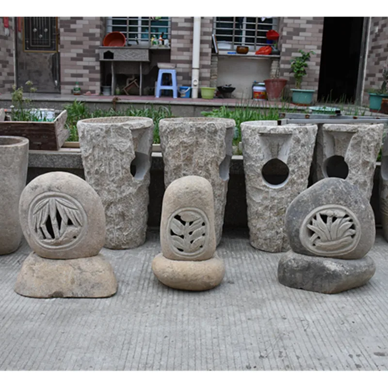 River Stone Lantern Bird Bath Japanese Lantern Garden Decor Patio Cobble Block Rusty Stone Carved Pagoda  Sculpture Outdoor