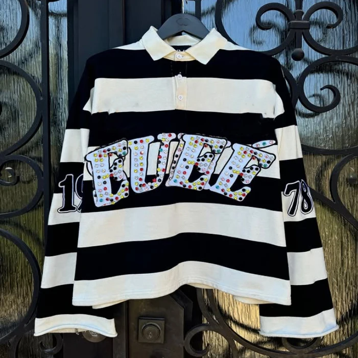 Wholesale Custom Unisex Oversized French Terry Cotton Rhinestone Stripe Cropped Long Sleeve Polo t Shirts for Men details