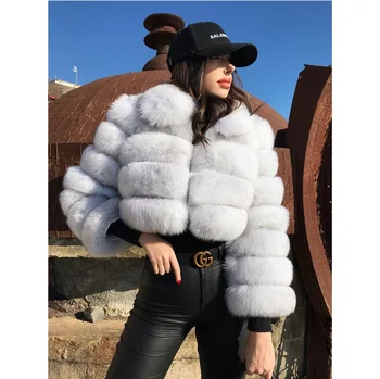 Women's Warm Soft Fox Fur Coat Ladies Long Sleeve Jacket Short Style Fox Fur Winter Coats