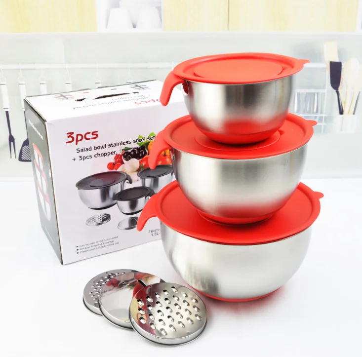 Multifunctional Mixing Bowl with Lid Planer with Handle Bowl Egg Beater 304 Stainless Steel Salad Bowl Set