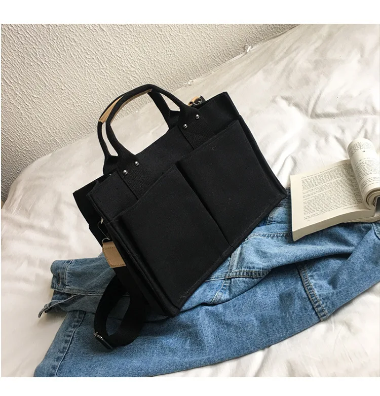 New Minimalist,Canvas Bag With Many Pockets And Zipper Closure Solid